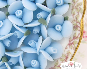Vintage 10mm Wedgewood Blue Porcelain Rose Cabochons, Matte Bisque Ceramic Flower Embellishments - 6