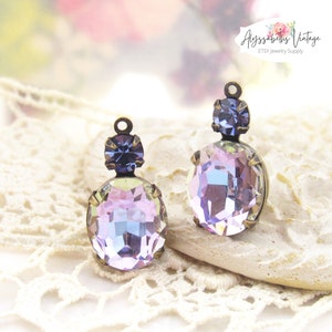 Vitrail Light Oval & Tanzanite Rhinestone Charms, 19x10mm Dangles Raw Brass, Brass Ox, Black, Silver Ox Drops - 2