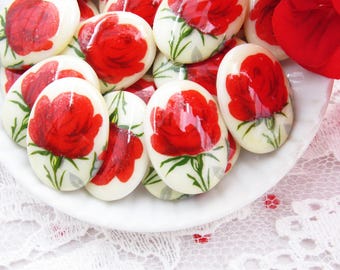 Vintage 25x18mm Red Rose Oval Cameo, West German Porcelain Painting Long Stem Rose on Cream Cabochon Flat Back Stones - Pair