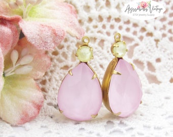 Powder Pink Pear Stones & Soft Yellow Delite Rhinestones Teardrop Dangles 26x13mm in Raw Brass, Black, Brass or Silver Ox Settings – 2