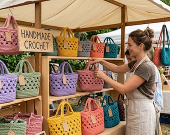 Puede incluir: Un expositor de madera contiene varios bolsos de ganchillo hechos a mano en varios colores, como rosa, amarillo, verde, morado y azul verdoso. Cada bolso presenta un patrón calado triangular, dos asas y una etiqueta de papel marrón.