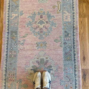 Hand-Knotted Vintage Runner, Blue Pink Soft Turkish Style Rug, Boho Hallaway, Farmhouse Entryway Runner, Kitchen Room Area Rug, 3x10, 3x12