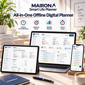 Peut inclure: Le Mairon Smart Life Planner est un agenda numérique hors ligne tout-en-un affiché sur un ordinateur portable, une tablette et un smartphone. Les écrans montrent le suivi financier, les plannings et les listes de tâches.