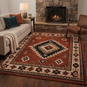 Hand Tufted Southwestern Rug Geometric Tribal Rust Red Navy Wool Area Rug Rustic Living Room Decor Custom Size