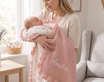 Personalized Muslin Baby Blanket, Custom Name Ruffle Swaddle, Floral Cotton Gauze Blanket, Baby Shower Gift, Nursery Decor Keepsake
