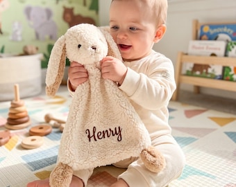 Personalisierte Babydecke, Kuscheldecke nach Wunsch, Kuscheltier aus Bio-Baumwollmusselin, Hasen-Plüschdecke, Geschenk fürs Kinderzimmer, Erinnerungsstück
