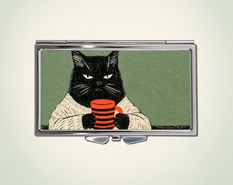 Black Cat Medicine Organizer, 7 Day Pill Box with Mirror, Stainless Steel Travel Case