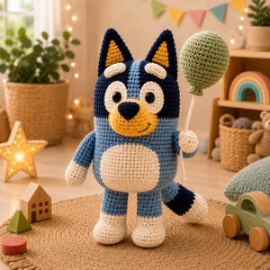 Op de afbeelding: Een gehaakt knuffeldier van een blauwe hond met donkerblauwe oren, een gele snuit en een crèmekleurige buik. Het figuur heeft zwarte ogen, een donkerblauwe neus en houdt een lichtgroene gehaakte ballon aan een wit touwtje in één hand.