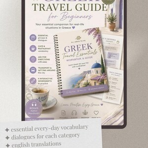 Könnte beinhalten: Ein digitales Griechisch-Reisehandbuch für Anfänger mit 29 Seiten voller wichtiger Phrasen, Vokabeln und interaktiver Übungen. Das Cover zeigt eine griechische Küstenlandschaft und das Handbuch enthält zusätzliche Audio-Dialoge zum Üben.