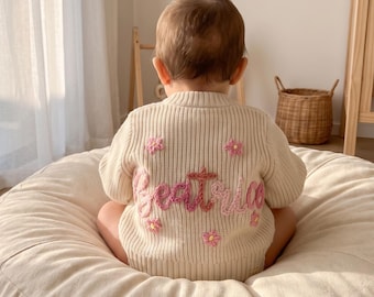 Custom Knit Baby Cardigan, Hand Embroidered Name, Pure Cotton, Newborn Gift