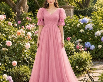 Fairycore Princess Maxi Dress, Blush Pink Floor-Length Tulle Gown,Bridesmaids Dress, Boho Wedding Dress , Romantic Princess Gown