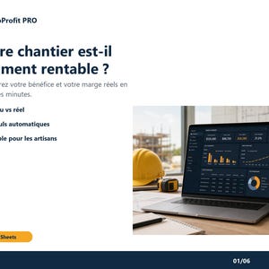 May include: A digital marketing graphic for JobProfit PRO software featuring a laptop and smartphone displaying financial dashboards. Text includes: Votre chantier est-il vraiment rentable? Découvrez votre bénéfice et votre marge réels en quelques minutes. Prévu vs réel, Calculs automatiques, Simple pour les artisans, Google Sheets, 01/06.