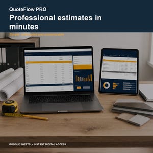 Peut inclure: Un ordinateur portable et une tablette affichant le logiciel QuoteFlow PRO avec des tableaux de données et des graphiques. Le texte à l'écran indique QuoteFlow PRO, Professional estimates in minutes, Simple, automated and customizable.