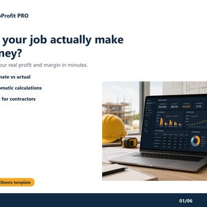 Peut inclure: Une publicité pour le modèle Google Sheets JobProfit PRO montrant un ordinateur portable et un smartphone avec des tableaux de bord financiers. Le texte indique : Did your job actually make money? Know your real profit and margin in minutes. Estimate vs actual, Automatic calculations, Built for contractors.