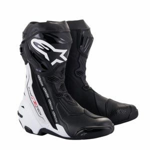 Alpinestars svartvita racingmotorcykelstövlar, sportutrustning