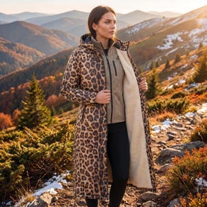 May include: A long, hooded coat featuring a brown and black leopard print pattern on the exterior and a cream-colored fleece lining. The coat is worn over a tan zip-up jacket and black leggings, showcasing a full-length silhouette.
