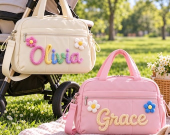 Personalized Diaper Bag with Custom Yarn Name, Large Quilted Baby Tote