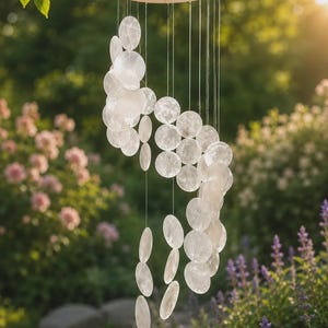 May include: A circular wind chime featuring numerous translucent, flat, circular discs suspended from a light-coloured wooden hoop by thin, clear filaments. The discs are arranged in a cascading, spiral pattern, creating a layered, semi-transparent effect.