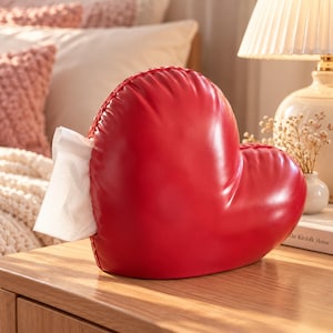 Puede incluir: Una funda para caja de pañuelos con forma de corazón de color rojo brillante, con un exterior liso y acolchado y costuras visibles a lo largo de los bordes. Un pañuelo blanco asoma por la abertura del lado izquierdo del corazón.