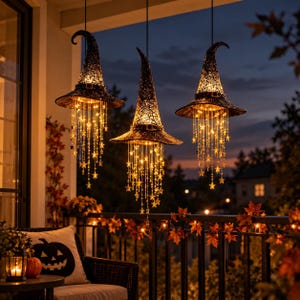 May include: Three black lace witch hats hanging from above, each featuring a pointed crown and a wide brim. Cascading from the underside of each hat are numerous thin, glowing light strings adorned with small, illuminated star-shaped accents.