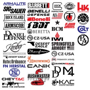 Può includere: Una collezione di loghi di produttori di armi da fuoco neri e rossi disposti in una griglia, tra cui Armalite, Sig Sauer, Barrett, Benelli, Glock, Heckler & Koch, Rock Island, Armscor, Beretta, CZ-USA, Desert Eagle, Kimber, Springfield Armory.