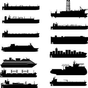 Moderna fartyg, silhuett, vektor, klippfiler | 13 typer, kryssning, offshore, ankarhanteringsfartyg, bulkfartyg, LNG, LPG, tankfartyg, container