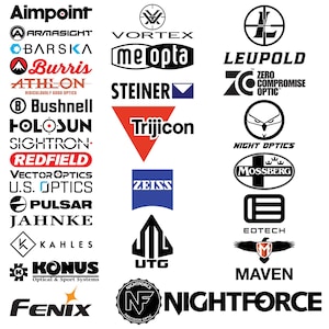 May include: A collection of black and white logos for various optics and outdoor equipment brands including Aimpoint, Vortex, Leupold, Trijicon, Zeiss, Nightforce, and others arranged in a grid format on a plain white background.
