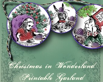 Christmas in Wonderland Printable Garland - DIY Christmas Party Decor - Christmas Tree Decorations - Gift Tags - Xmas Decor