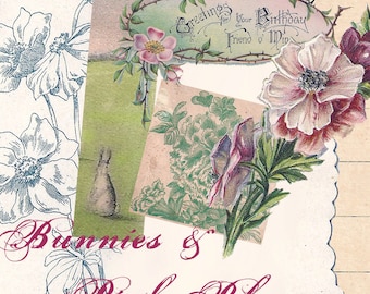 Bunnies and Pink Blossoms - Digital Collage Sheet - Easter Rabbits - Springtime Floral Clip Art - Springtime Garland