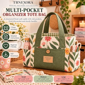 Multi Pocket Tote Bag Sewing Pattern, 3 Sizes, Organizer Tote Guide, Beginner Sewing Project, DIY Fabric Bag