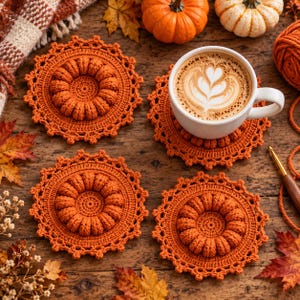 Könnte beinhalten: Drei runde, orangefarbene Häkeluntersetzer mit einem strukturierten, erhabenen Mittelteil. Auf einem der Untersetzer steht eine weiße Keramiktasse mit Kaffee und Latte-Art-Muster, platziert auf einer dunklen Holzoberfläche.