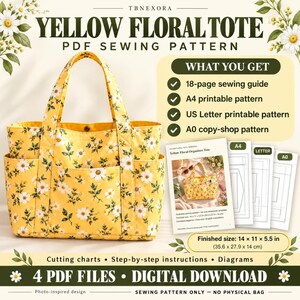 Crochet Tote Bag Pattern, Quilted Multi Pocket Tote Bag, Crochet Purse Pattern PDF, Botanical Daisy Flower Summer Bag, Slouchy Market Bag