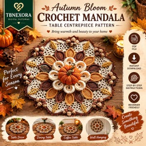 Fall Table Topper Crochet Pattern PDF, Harvest Pumpkin Blossom Doily, Autumn Table Decor DIY