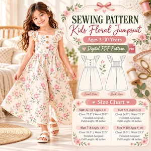 Kids Cottagecore Floral Jumpsuit Sewing Pattern | Little Girls Wide Leg Romper PDF | Graded Toddler Flutter Sleeve Coordinate Download PDF