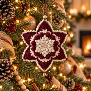 Könnte beinhalten: Ein sechszackiger, sternförmiger Weihnachtsschmuck aus gehäkeltem Garn in tiefem Burgunderrot und Creme. Die Mitte ist mit einem kleinen, klaren Kristall verziert, umgeben von strukturierten Büschelmaschen, mit einer kleinen Metallglocke.