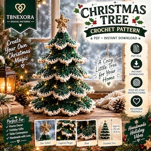 Könnte beinhalten: Eine Häkelanleitung für einen Weihnachtsbaum mit geschichtetem dunkelgrünem Design, weißen Bogenkanten und einem goldenen Stern als Spitze. Die Anleitung enthält eine fertige Größe von ca. 25 cm, Schritt-für-Schritt-Anleitungen und einen PDF-Download.