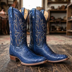 Handmade Royal Blue Python Leather Cowboy Boots, Men's Western Statement Boots