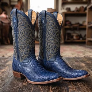 Handmade Royal Blue Python Leather Cowboy Boots, Men's Western Statement Boots
