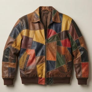 Può includere: Un giubbotto bomber in pelle caratterizzato da un design patchwork multicolore. La giacca è composta da vari pannelli di pelle nelle tonalità del marrone, giallo, rosso, blu e verde, uniti da cuciture visibili. Include una chiusura a zip frontale.
