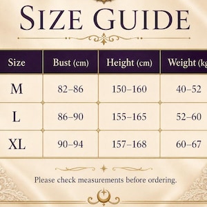May include: A size guide chart with a cream background and dark purple text. The table lists sizes M, L, and XL with corresponding bust in cm, height in cm, and weight in kg. The text at the bottom reads, Please check measurements before ordering.
