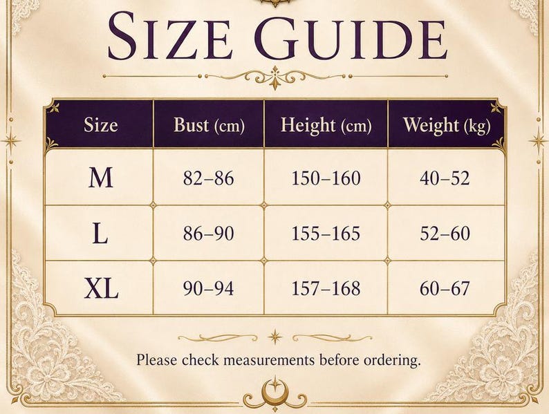 May include: A size guide chart with a cream background and dark purple text. The table lists sizes M, L, and XL with corresponding bust in cm, height in cm, and weight in kg. The text at the bottom reads, Please check measurements before ordering.