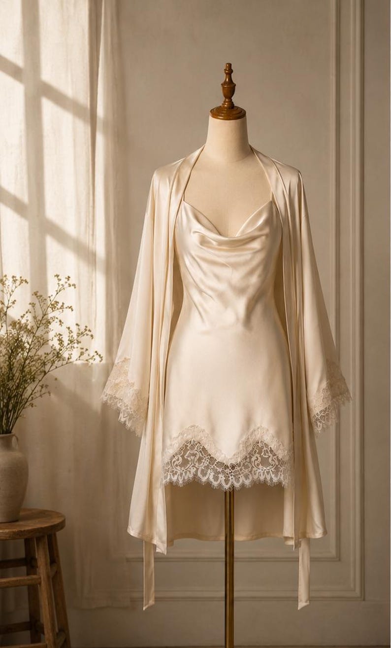 May include: A champagne-colored satin slip dress and matching robe set. The slip dress features a cowl neckline and a scalloped lace hem. The long-sleeved robe includes matching lace trim on the cuffs, creating a coordinated sleepwear ensemble.