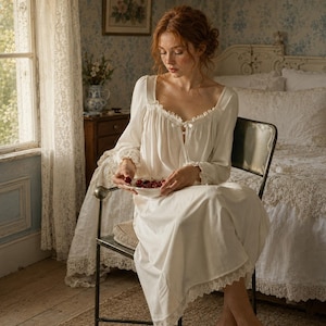 May include: A long-sleeved white nightgown featuring a square neckline with delicate ruffled trim, a small bow detail at the center chest, and lace edging along the cuffs and hemline. The garment is made of a soft fabric and falls to the mid-calf.