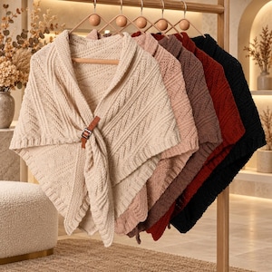 Strukturierter Kaschmir-Strick-Cape-Schal mit Schnalle, Damen-Poncho, Einheitsgröße