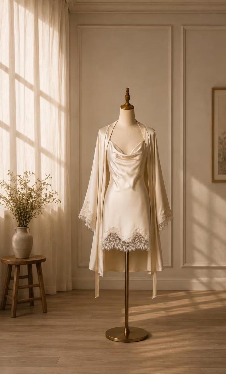 May include: A champagne-colored satin slip dress and matching robe set. The dress features a cowl neckline and a scalloped lace hem. The long-sleeved robe includes matching lace trim on the cuffs. The set is displayed on a gold-toned mannequin.