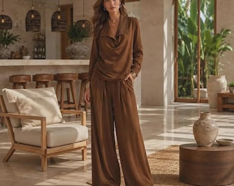Women’s Two-Piece Wide-Leg Pants Set, Long-Sleeve Collared Top and Palazzo Trousers,  Casual Office Outfit