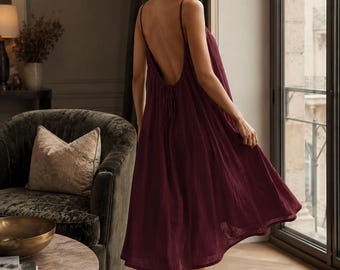 Linen Backless Midi Dress – Lightweight Casual Vacation Dress – Minimalist Sleeveless Sundress – Flowy Boho Style
