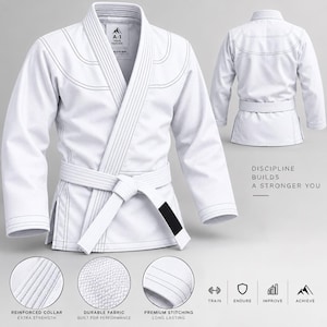 May include: A white Brazilian Jiu-Jitsu gi featuring a reinforced collar, durable fabric, and premium stitching. The jacket includes a matching belt and a label reading A-1 TRAIN HARDER. Text on the image reads DISCIPLINE BUILDS A STRONGER YOU.