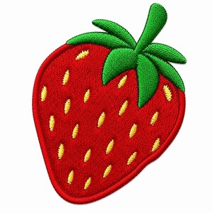 May include: An embroidered strawberry patch featuring a vibrant red fruit body with yellow seed details and a bright green leafy stem at the top. The design is rendered with dense thread stitching and a clean, defined border edge throughout the shape.