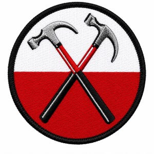 May include: A circular embroidered patch featuring two crossed hammers with silver heads and red and black handles. The background is divided horizontally into a white top half and a red bottom half, all enclosed by a thick black stitched border.